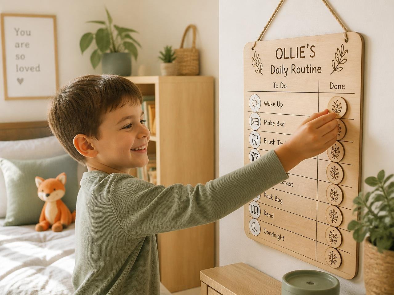 Criança usando quadro de rotina personalizado